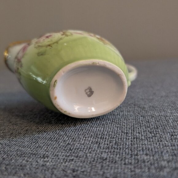 Antique Teapot and Creamer, Green/White with Gold Trim, Pink/Red Rose Pattern - Picture 4 of 9